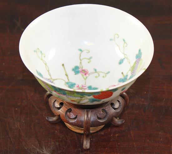 A Chinese famille rose lychees bowl, Guangxu mark and of the period (1875-1908), 13.5cm., wood stand